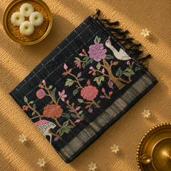 Pure Handloom Tussar Saree with Zari Checks and Embroidery