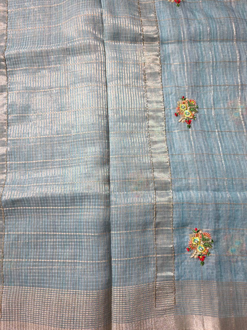 Blue Linen Zari Saree with Pearl Embroidered motifs