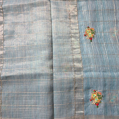Blue Linen Zari Saree with Pearl Embroidered motifs