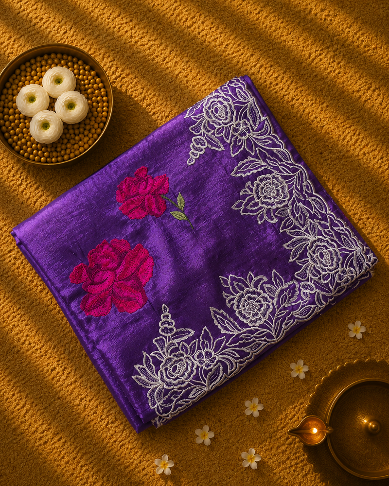 Pure Raw Silk Saree with Scalloped Border and Embroidery