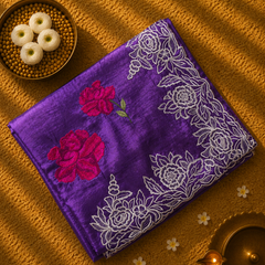 Pure Raw Silk Saree with Scalloped Border and Embroidery