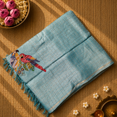 Tussar Silk Saree with Zari Checks and Embroidery