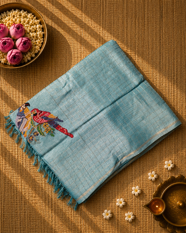 Tussar Silk Saree with Zari Checks and Embroidery