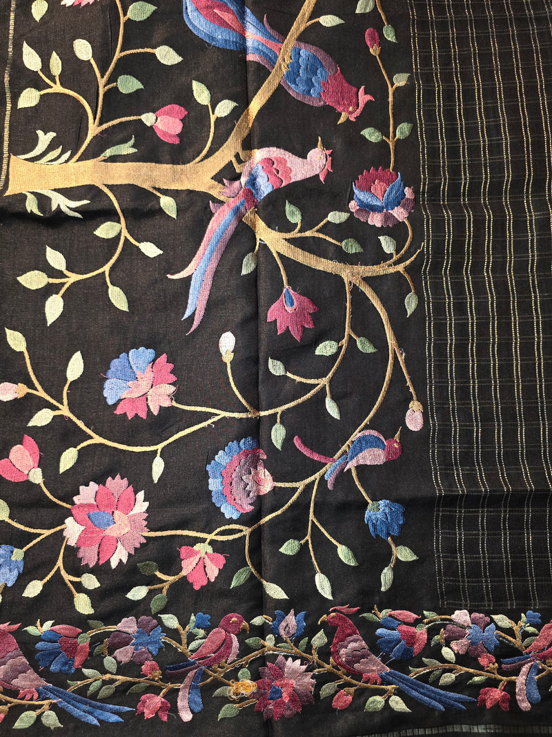 Tussar Silk Saree with Embroidery and Zari Checks