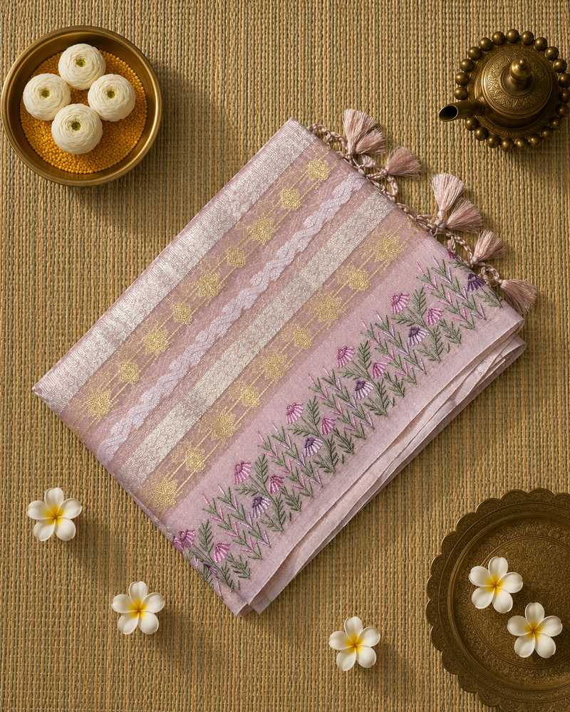 Kota Tissue Saree with Zari Weaving and Embroidery