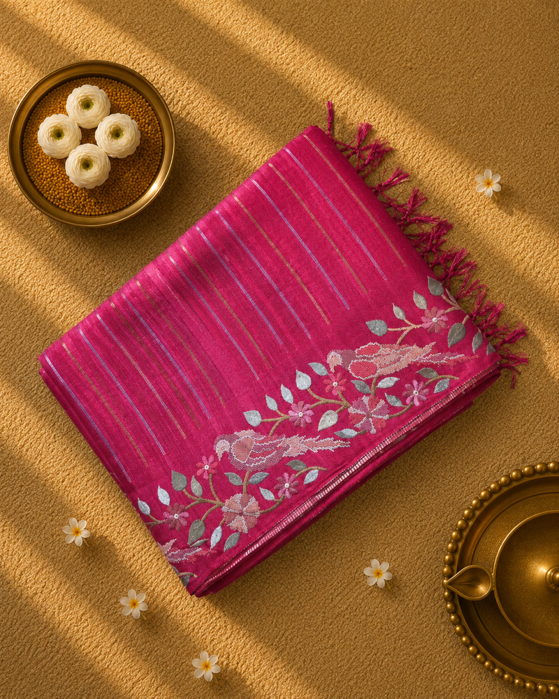 Pure Tussar Silk Saree with Vertical Zari Stripes and Embroidery