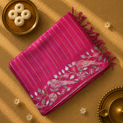 Pure Tussar Silk Saree with Vertical Zari Stripes and Embroidery