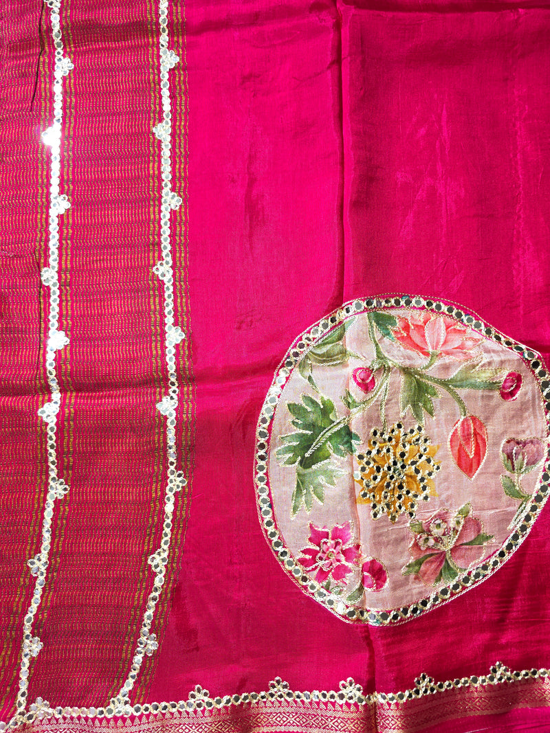 Pure Dola Silk Patli Style Saree with Applique , Aari and Mirror work