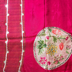 Pure Dola Silk Patli Style Saree with Applique , Aari and Mirror work