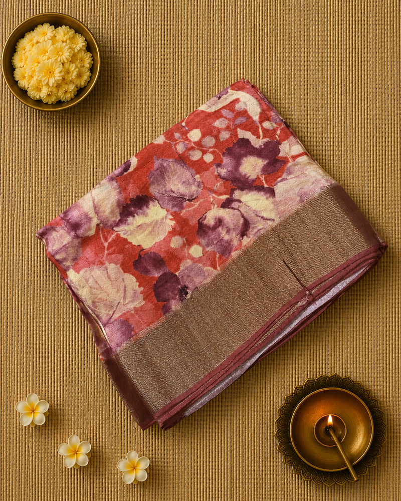 Rust Floral Printed Tussar Saree