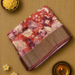 Rust Floral Printed Tussar Saree