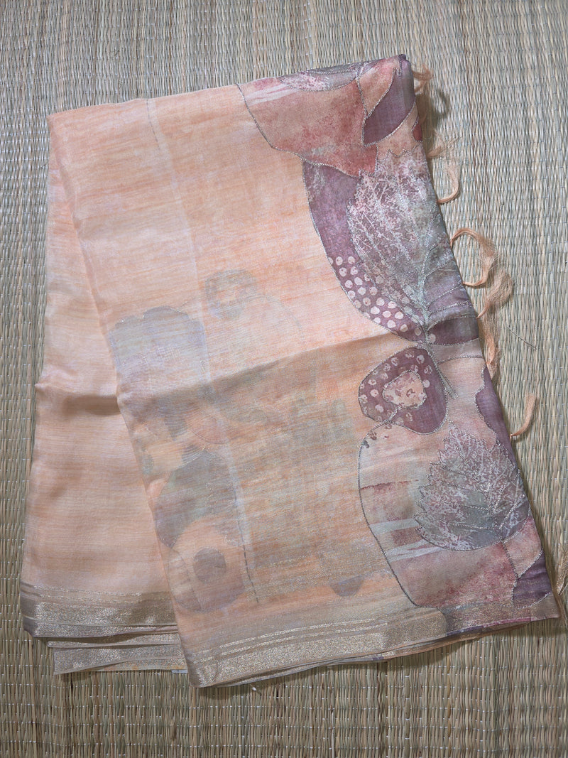Kora Silk Digital Printed Saree with Aari Work