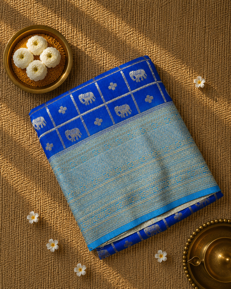 Premium Semi Mysore Crepe with Elephant motifs ,Rich Pallu and Ganga Jamuna Border