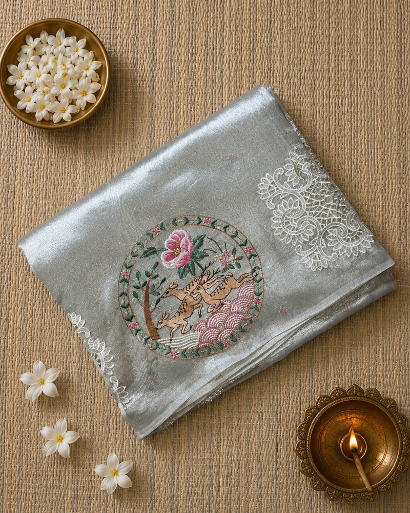Pure Kora Tissue Saree with Beautiful Embroidery