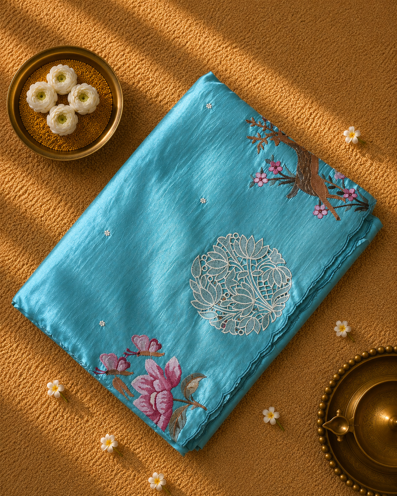 Pure Raw Silk Saree with Cutwork and Embroidery