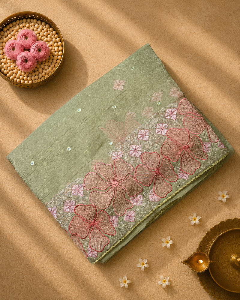Crush Tissue Saree with Thread and Mirror Work