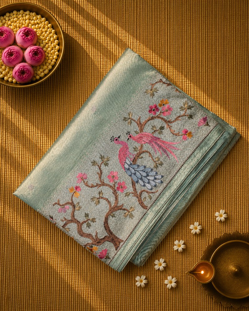 Pure Raw Silk with 10 inch Paithani Border in German Silver