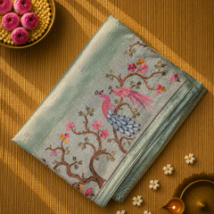 Pure Raw Silk with 10 inch Paithani Border in German Silver