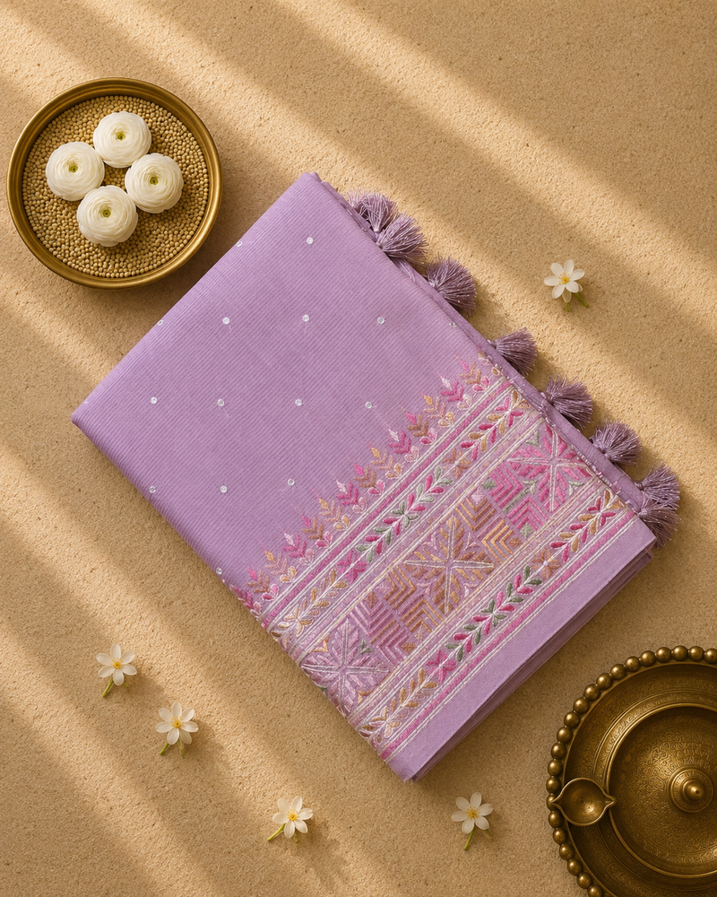 Linen Tissue Saree with Embroidery and Mirror Work