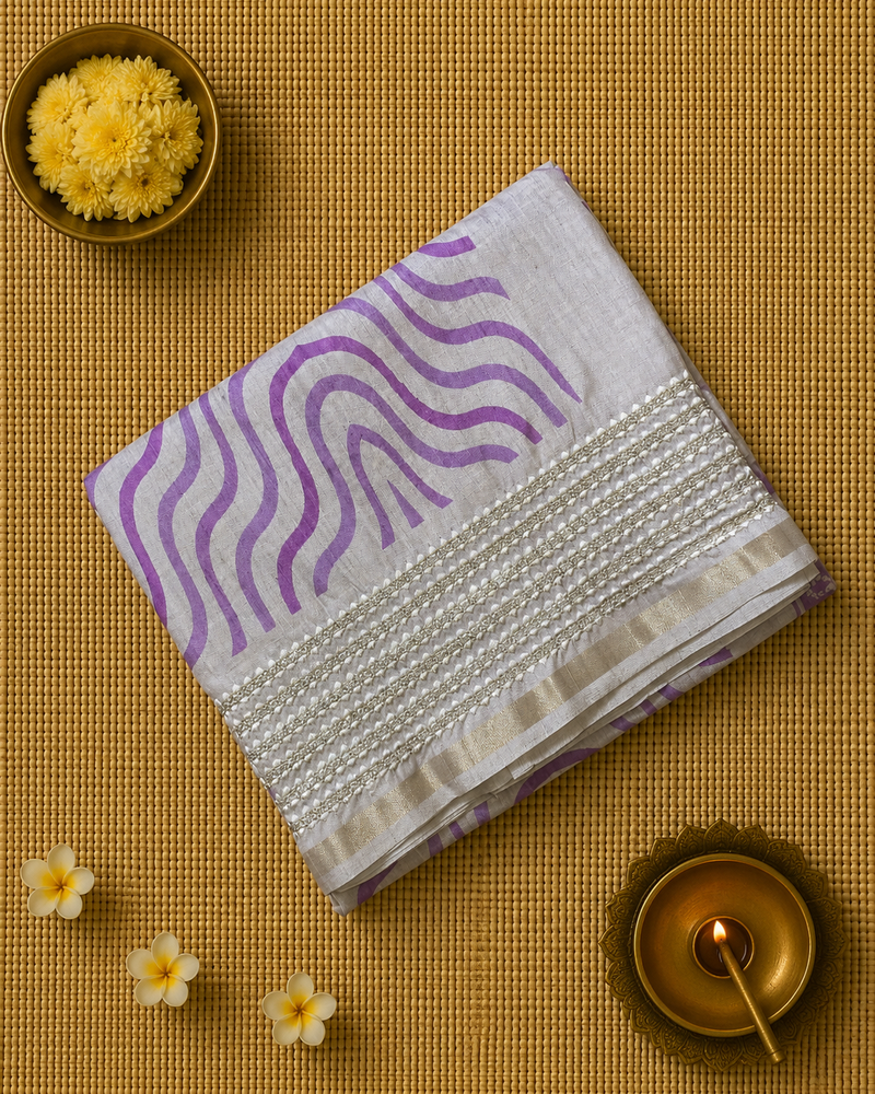 Printed Tussar Silk Saree with Embroidered Border