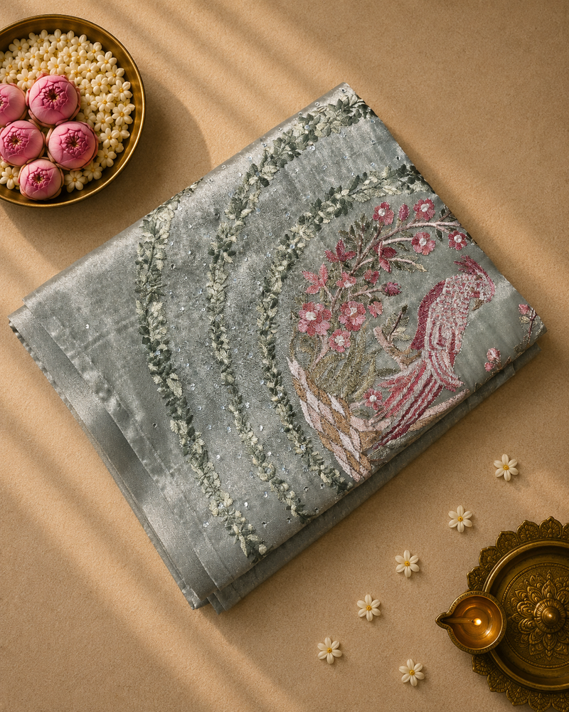 Pure Tissue Saree with Embroidered Pallu and Blouse