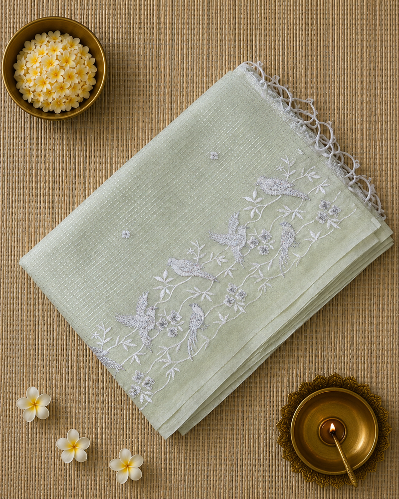 Linen Zari Saree with Pretty Bird Embroidery