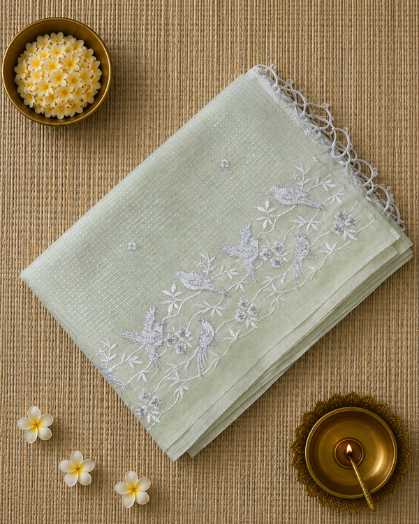 Linen Zari Saree with Pretty Bird Embroidery