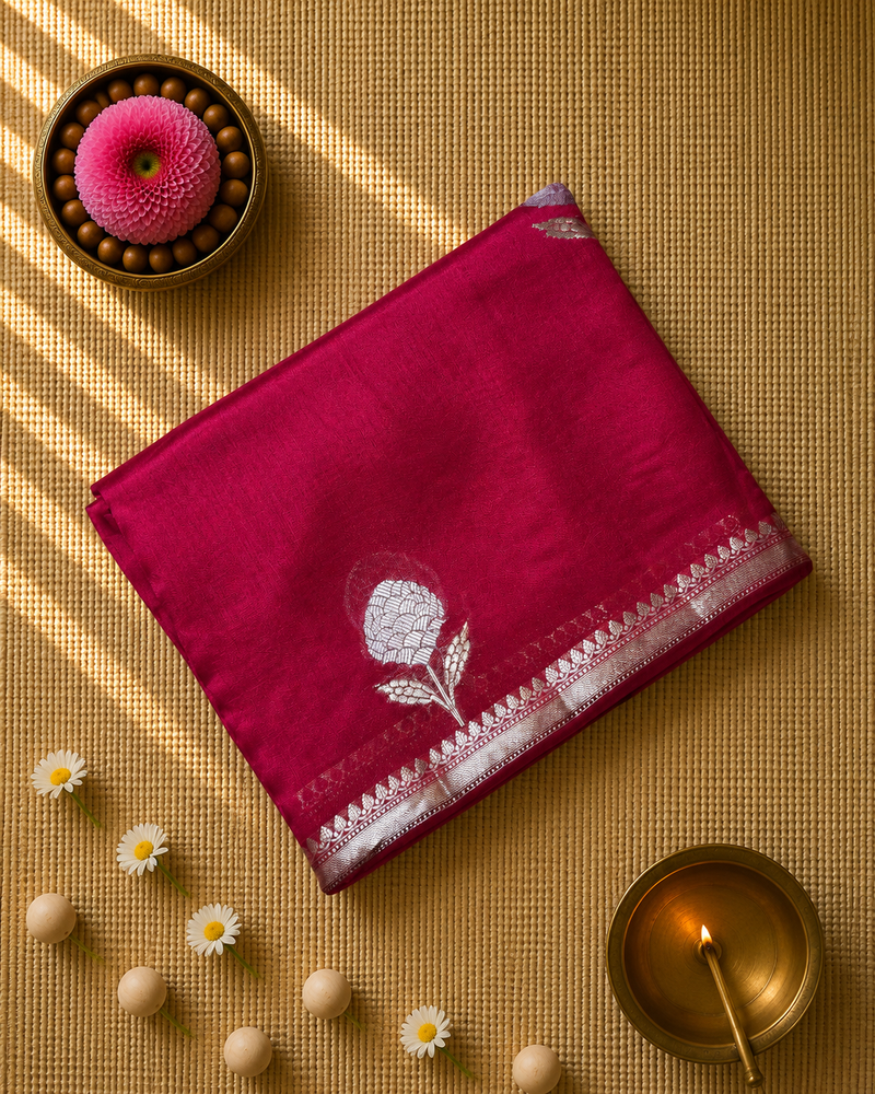Red Pure Kora Silk Saree with Contrast Blouse and Plallu