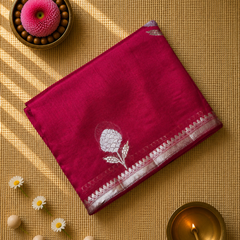 Red Pure Kora Silk Saree with Contrast Blouse and Plallu
