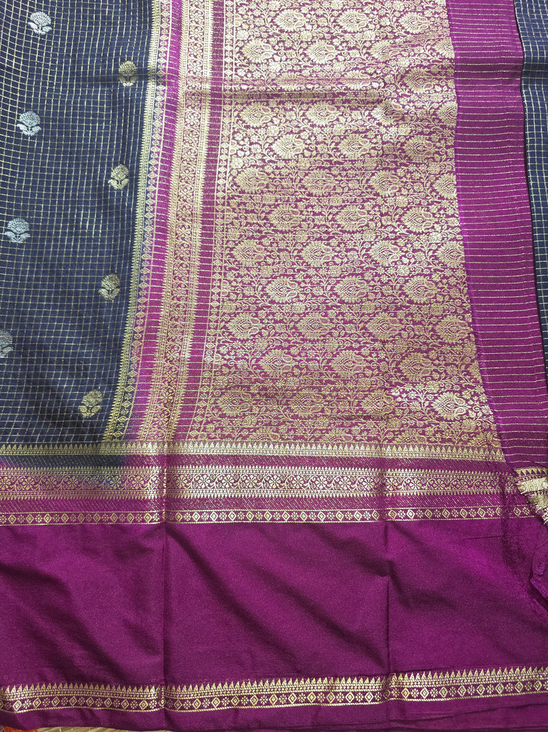 Premium Semi Mysore Crepe with Vintage Checks and Gap Border