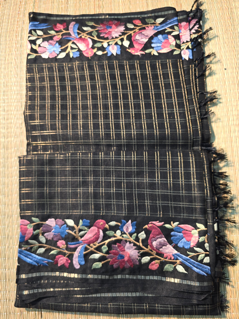 Tussar Silk Saree with Embroidery and Zari Checks