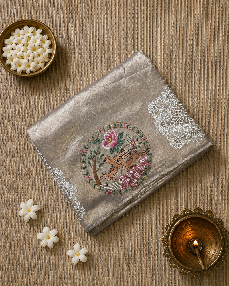 Pure Kora Tissue Saree with Beautiful Embroidery
