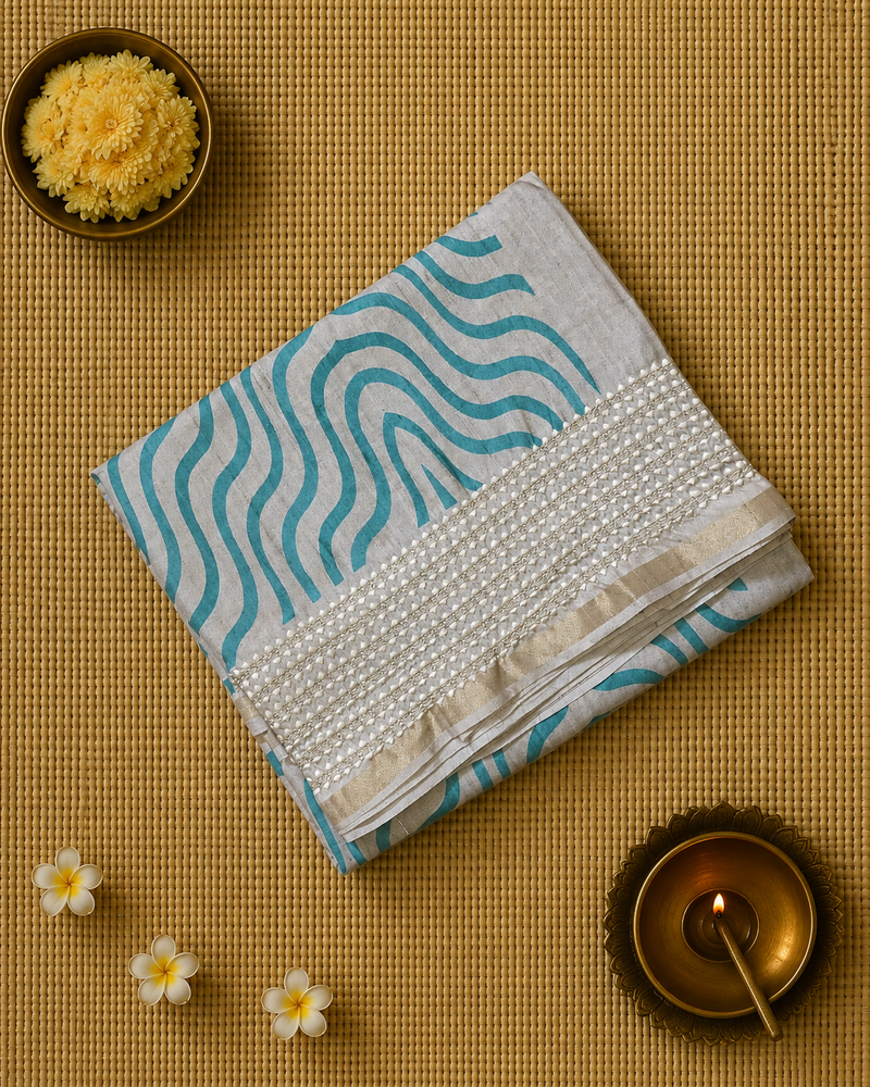 Printed Tussar Silk Saree with Embroidered Border