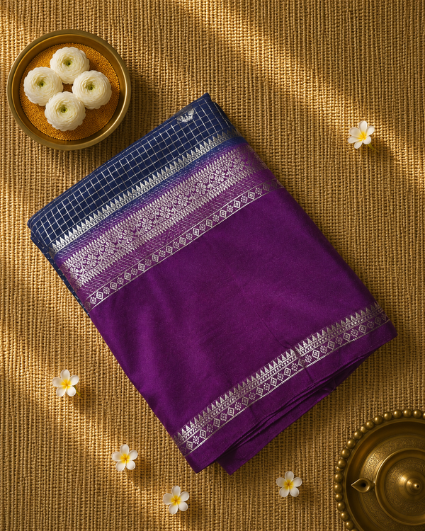 Premium Semi Mysore Crepe with Vintage Checks and Gap Border