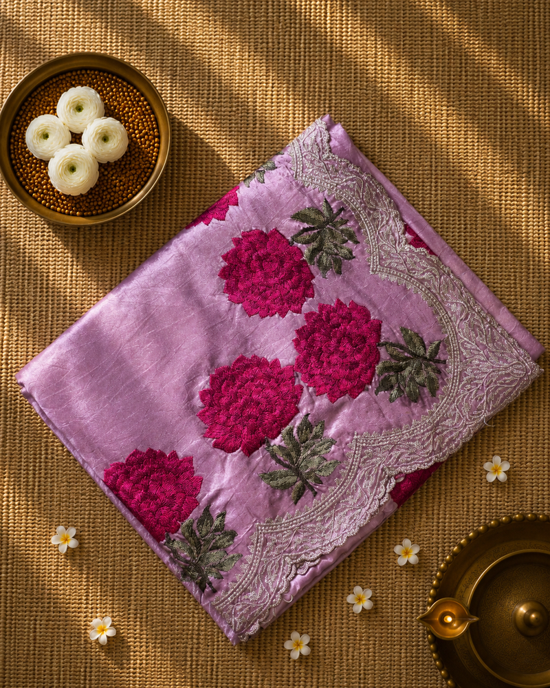Pure Raw Silk Saree with Scallop Border and Embroidery