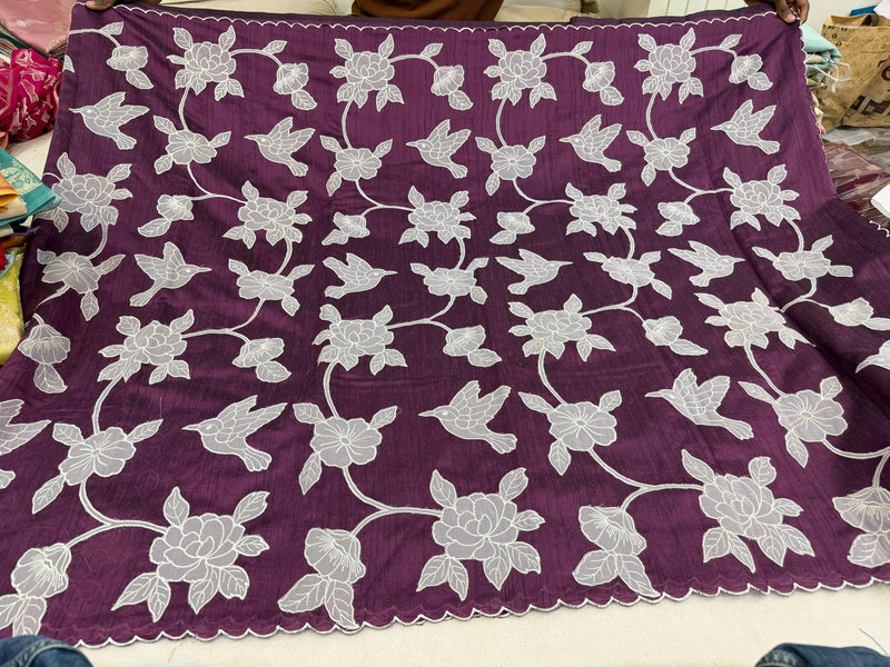 Maroon Pure Kora Raw Silk with all over Applique work