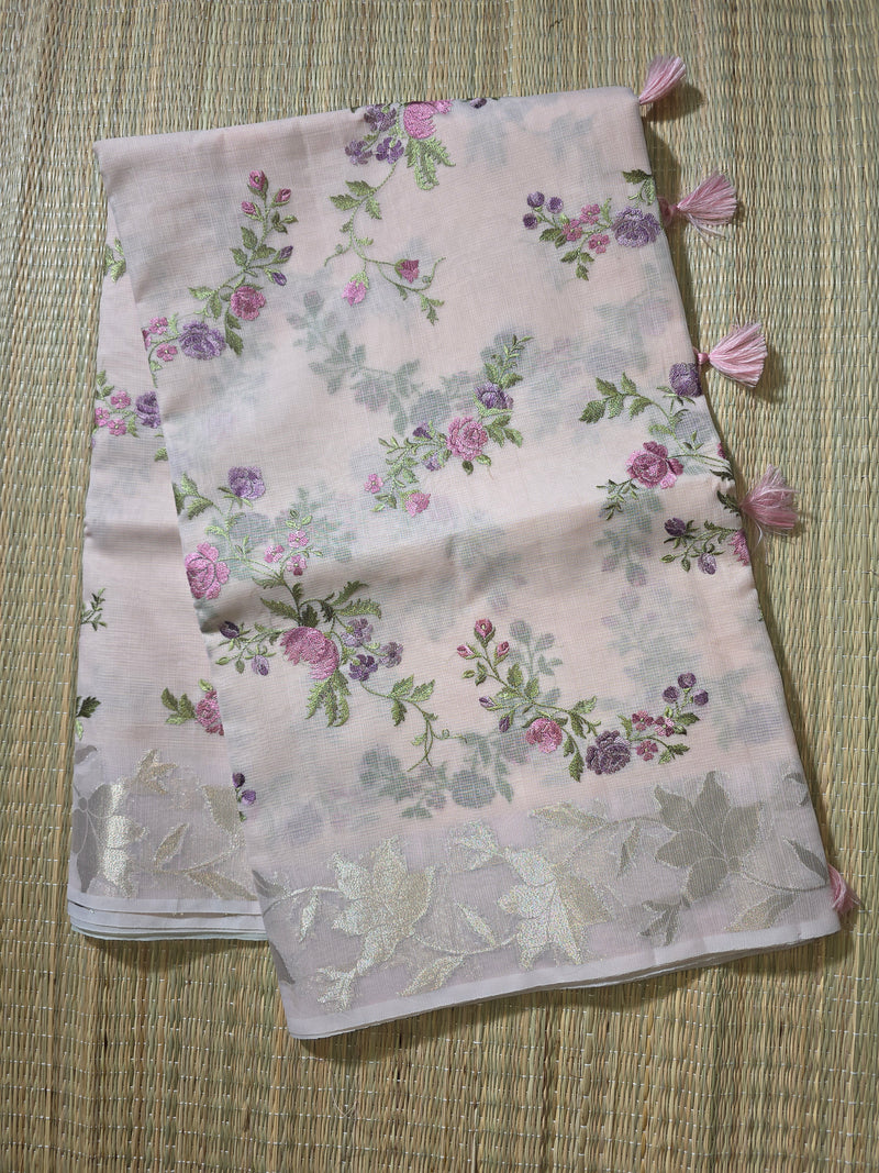 Kota Tissue Saree with Floral Woven Border and Embroidery
