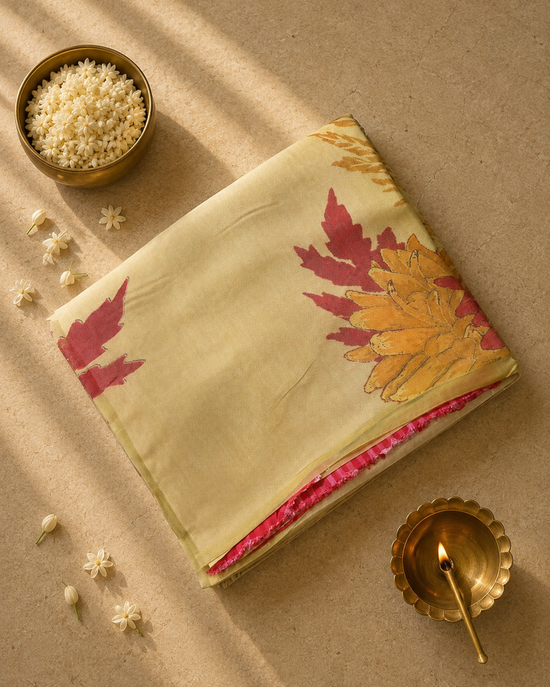 Pure Organza and Satin Fusion Saree with Satin Pleats and Blouse