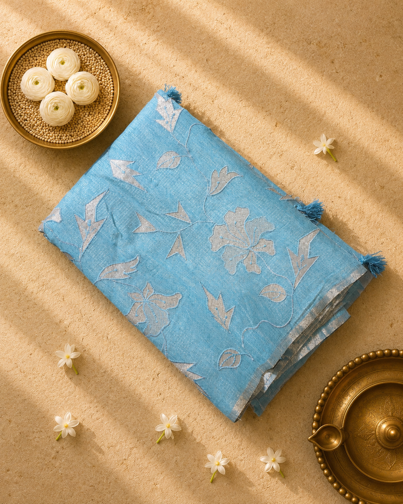 Blue Linen Tissue Saree with All over Applique work