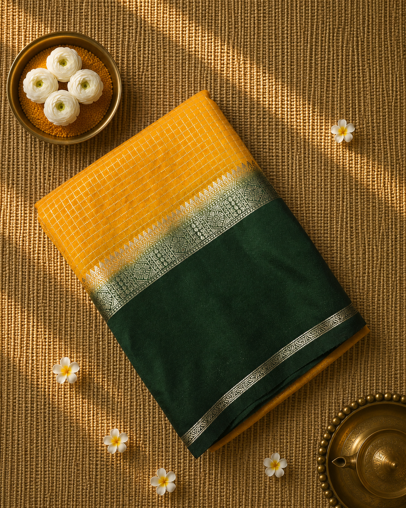Premium Semi Mysore Crepe in Vintage Checks with Gap Border