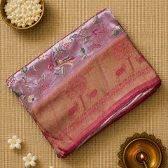 Pure Banarasi Tissue Saree with Pichwai Border and Contrast Blouse