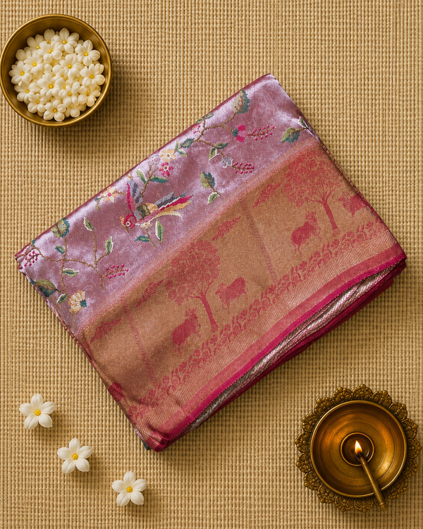 Pure Banarasi Tissue Saree with Pichwai Border and Contrast Blouse