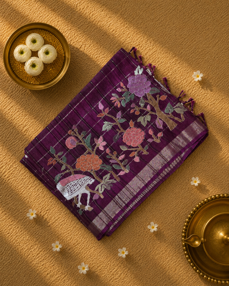 Pure Handloom Tussar Saree with Zari Checks and Embroidery