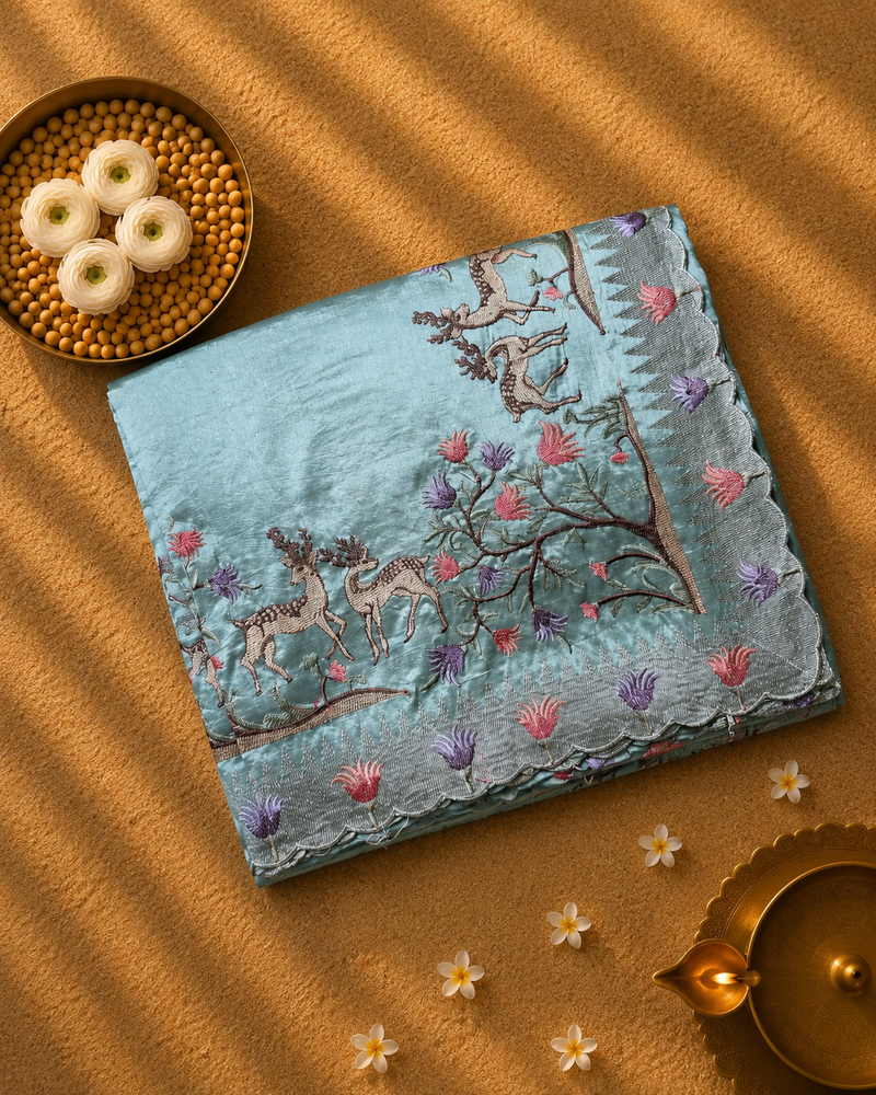 Pure Raw Silk with German Silver Border and Embroidery