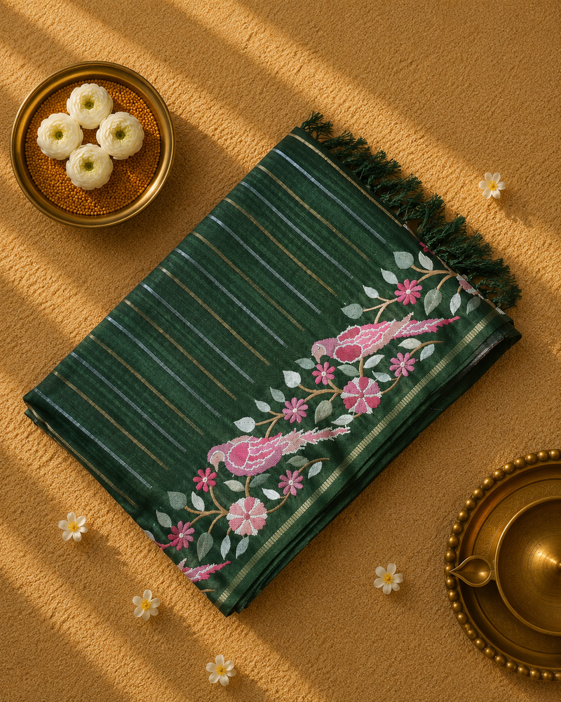 Pure Tussar Silk Saree with Vertical Zari Stripes and Embroidery