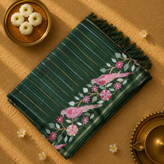 Pure Tussar Silk Saree with Vertical Zari Stripes and Embroidery