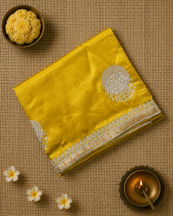 Yellow Pure Raw Silk Saree with Classic Embroidery