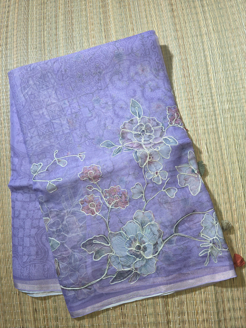 Kora Silk Printed Saree with Aari Work