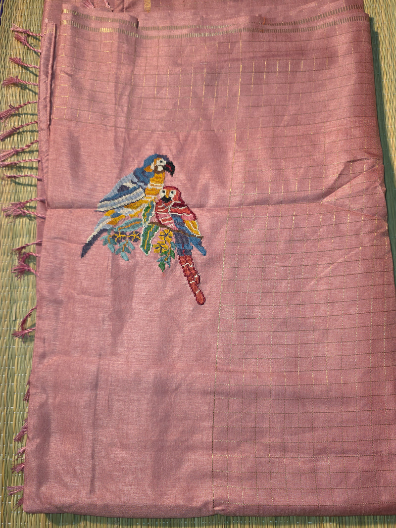 Tussar Silk Saree with Zari Checks and Embroidery