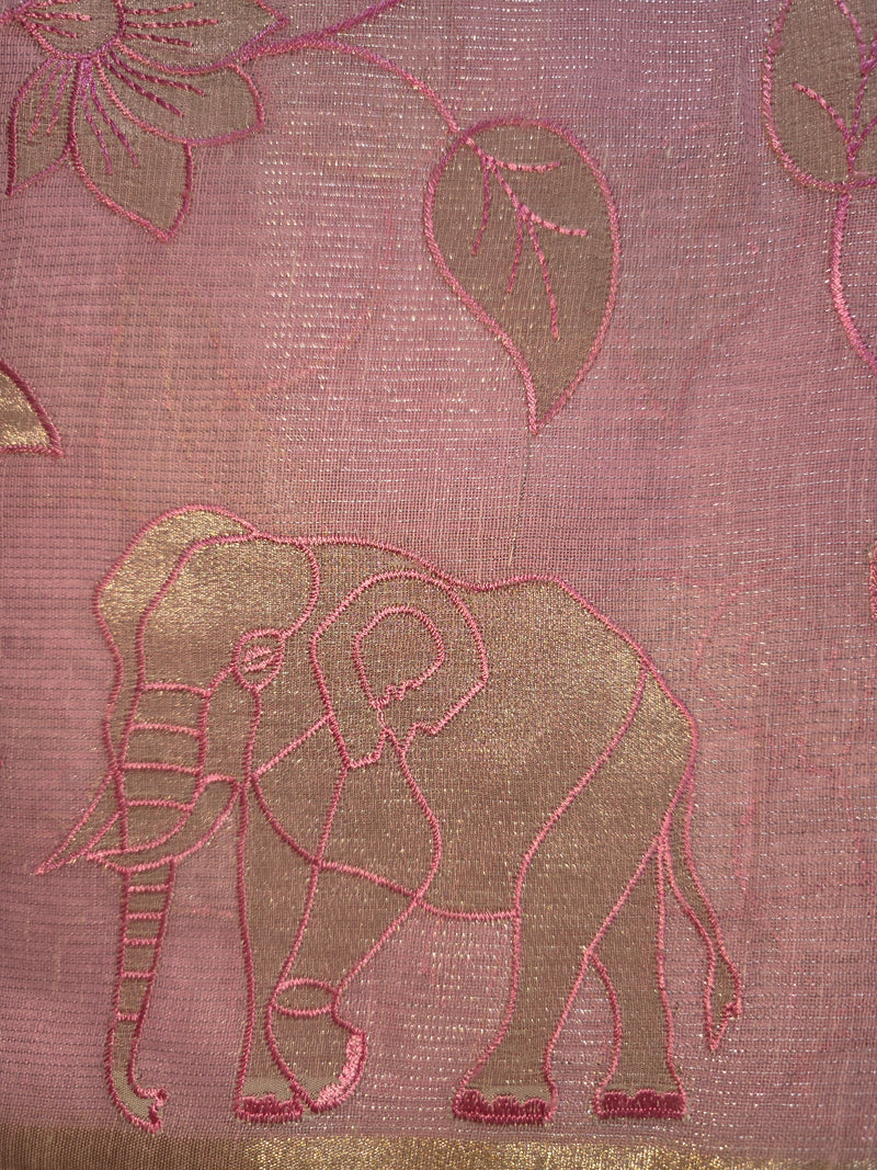 Pink Linen Tissue Saree with all over Applique work